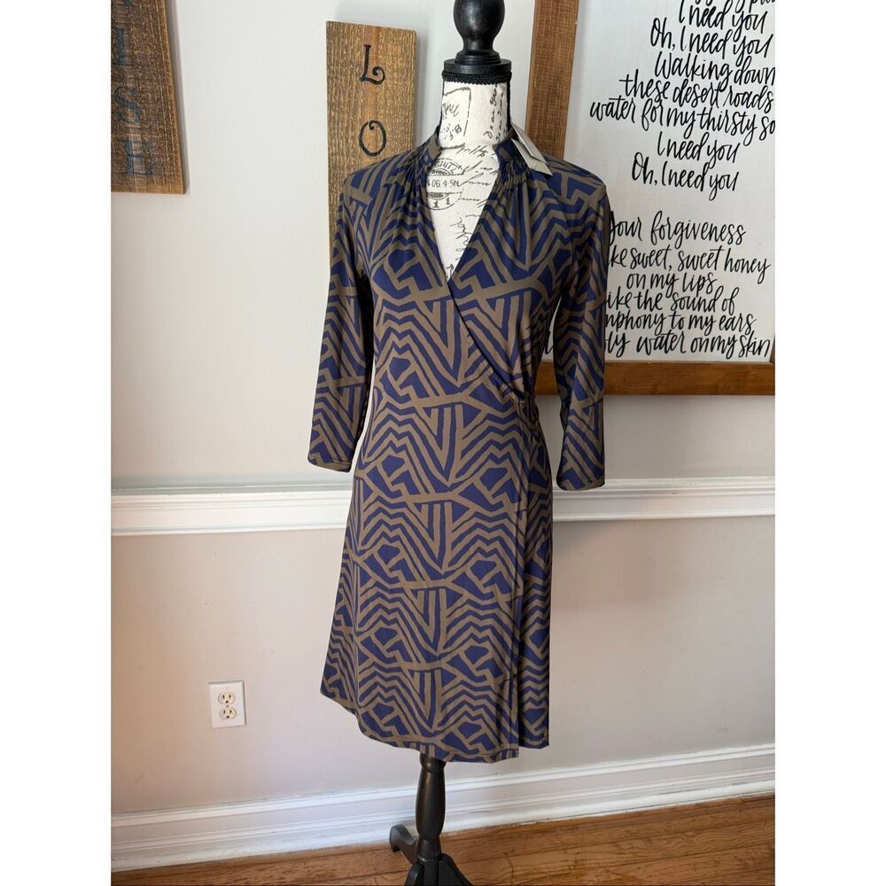 NWT Ellie Kai Women's Geometric 3/4 Sleeve V-Neck Wrap Dress Blue Gray Size 2XS